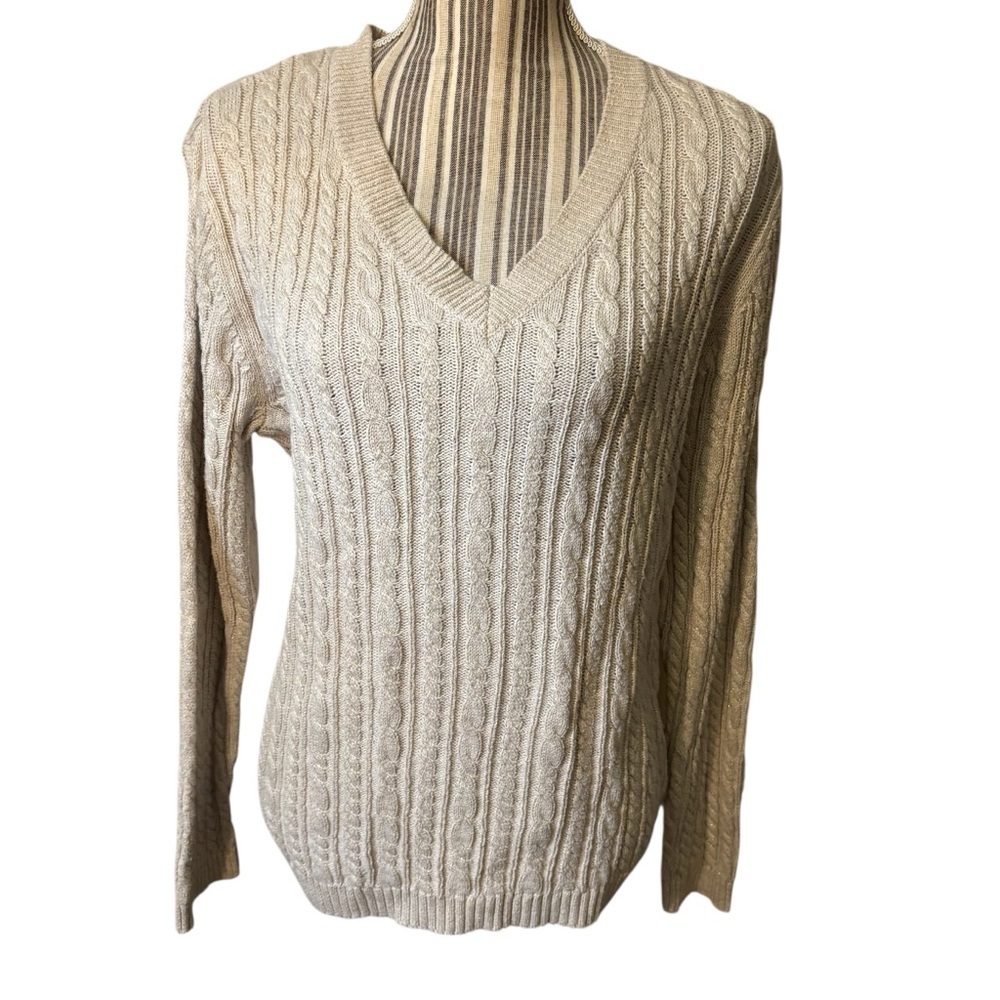 Croft & Barrow Sweater Large Cream Taupe V-Neck Cable Knit Gold Accents Cotton